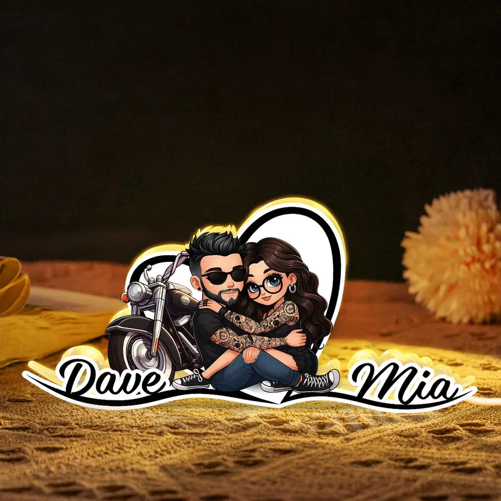 Personalized Acrylic Light Box Sunset Biker Couple Hugging by a Motorcycle Warm Glow Unique Gift for Couples - Image 5