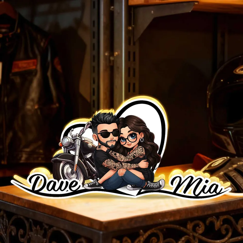 Personalized Acrylic Light Box Sunset Biker Couple Hugging by a Motorcycle Warm Glow Unique Gift for Couples - Image 6