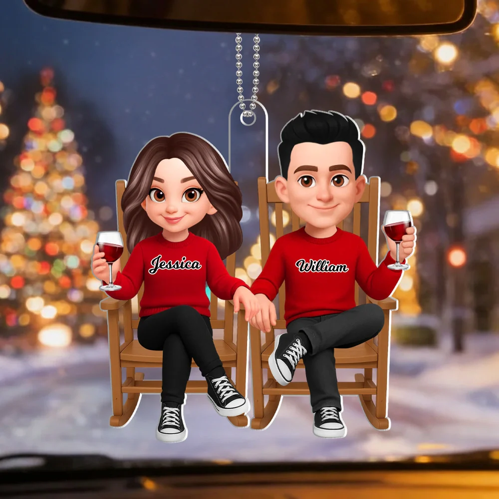 Personalized Acrylic Car Hanger Cute Cartoon Couple Toasting Wine Rearview Mirror Decor Unique Gift for Couples - Image 4