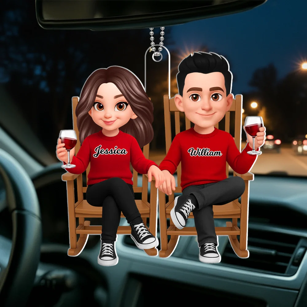 Personalized Acrylic Car Hanger Cute Cartoon Couple Toasting Wine Rearview Mirror Decor Unique Gift for Couples - Image 5