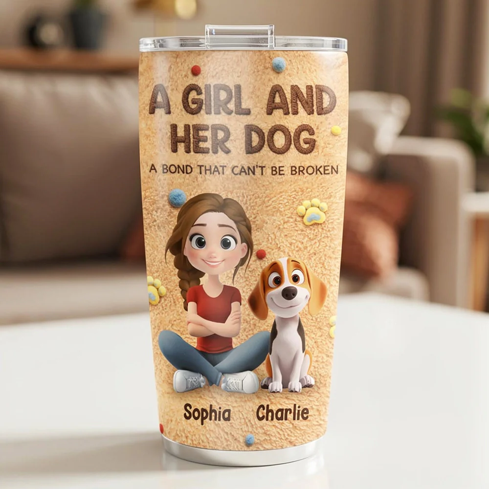 Insulated Travel Tumbler Personalized for a Girl and Her Dog, Cute Paw Print Design, Sweet Everyday Gift for Pet Owners