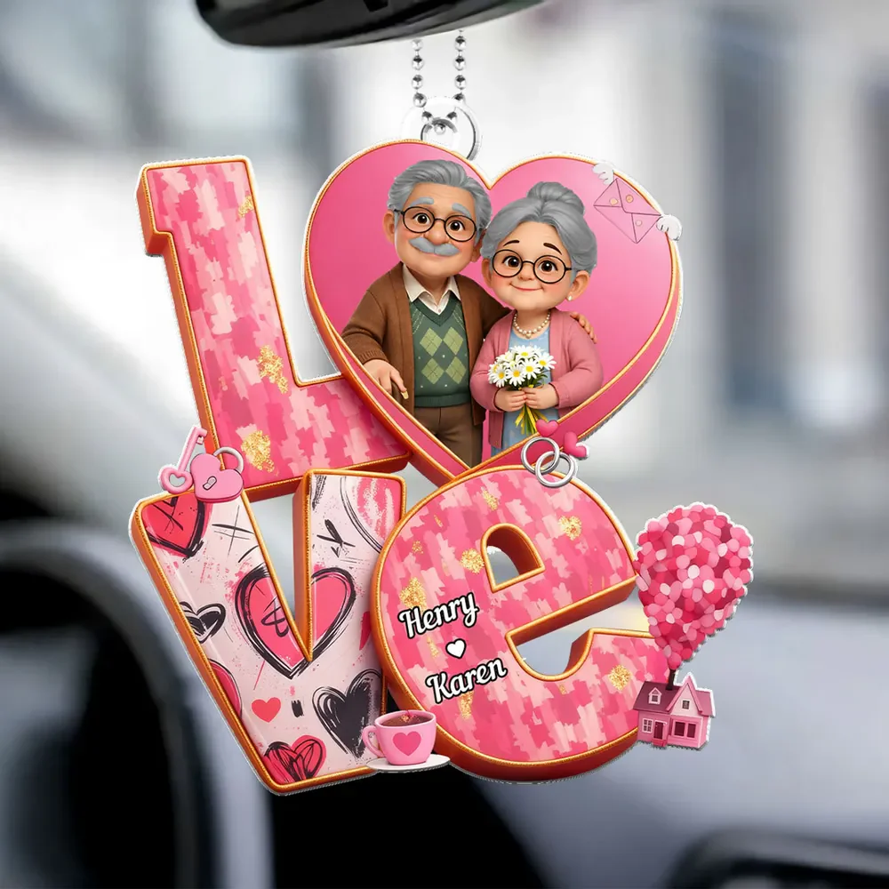 Personalized Acrylic Car Hanger, Cute Elderly Couple in Heart LOVE Design, Sweet Rearview Mirror Decor, Unique Gift for Couples - Image 2