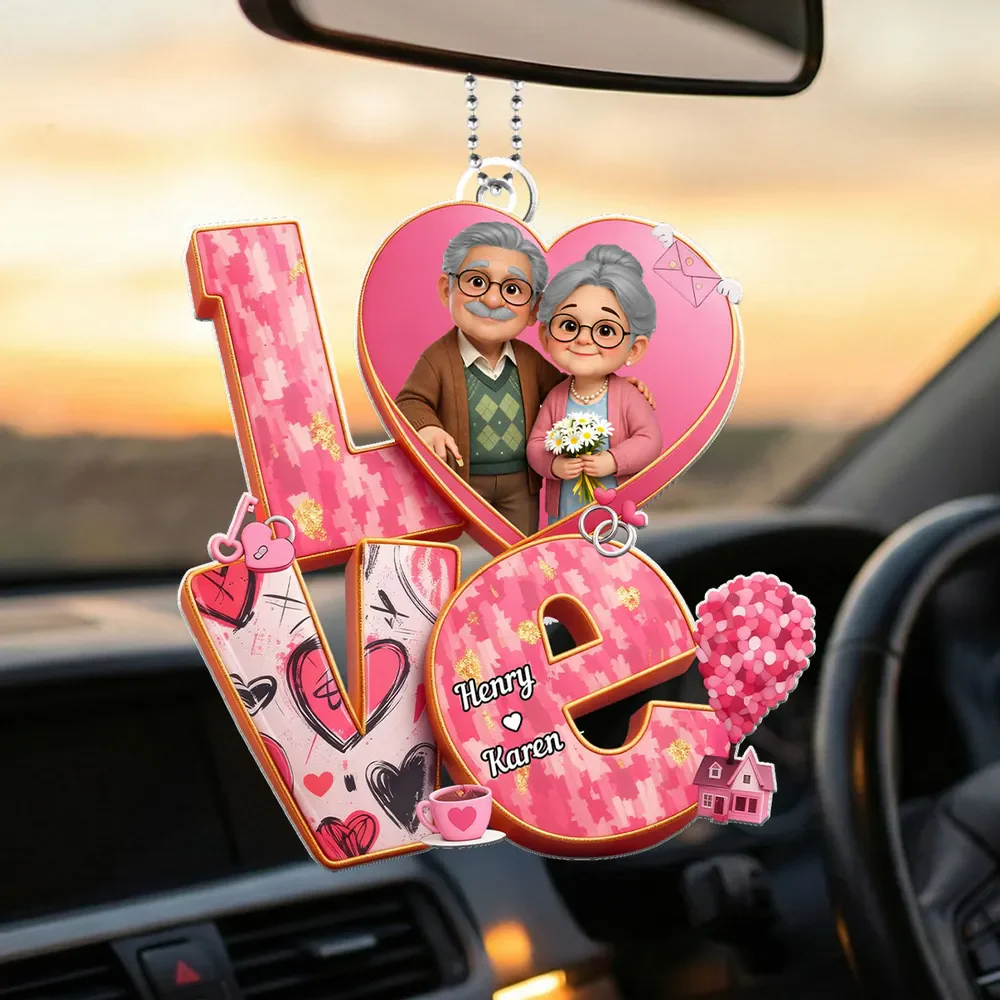 Personalized Acrylic Car Hanger, Cute Elderly Couple in Heart LOVE Design, Sweet Rearview Mirror Decor, Unique Gift for Couples - Image 3