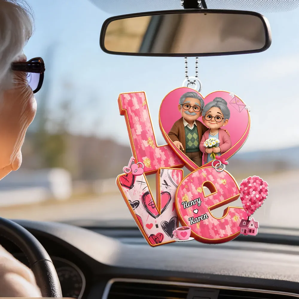 Personalized Acrylic Car Hanger, Cute Elderly Couple in Heart LOVE Design, Sweet Rearview Mirror Decor, Unique Gift for Couples - Image 6