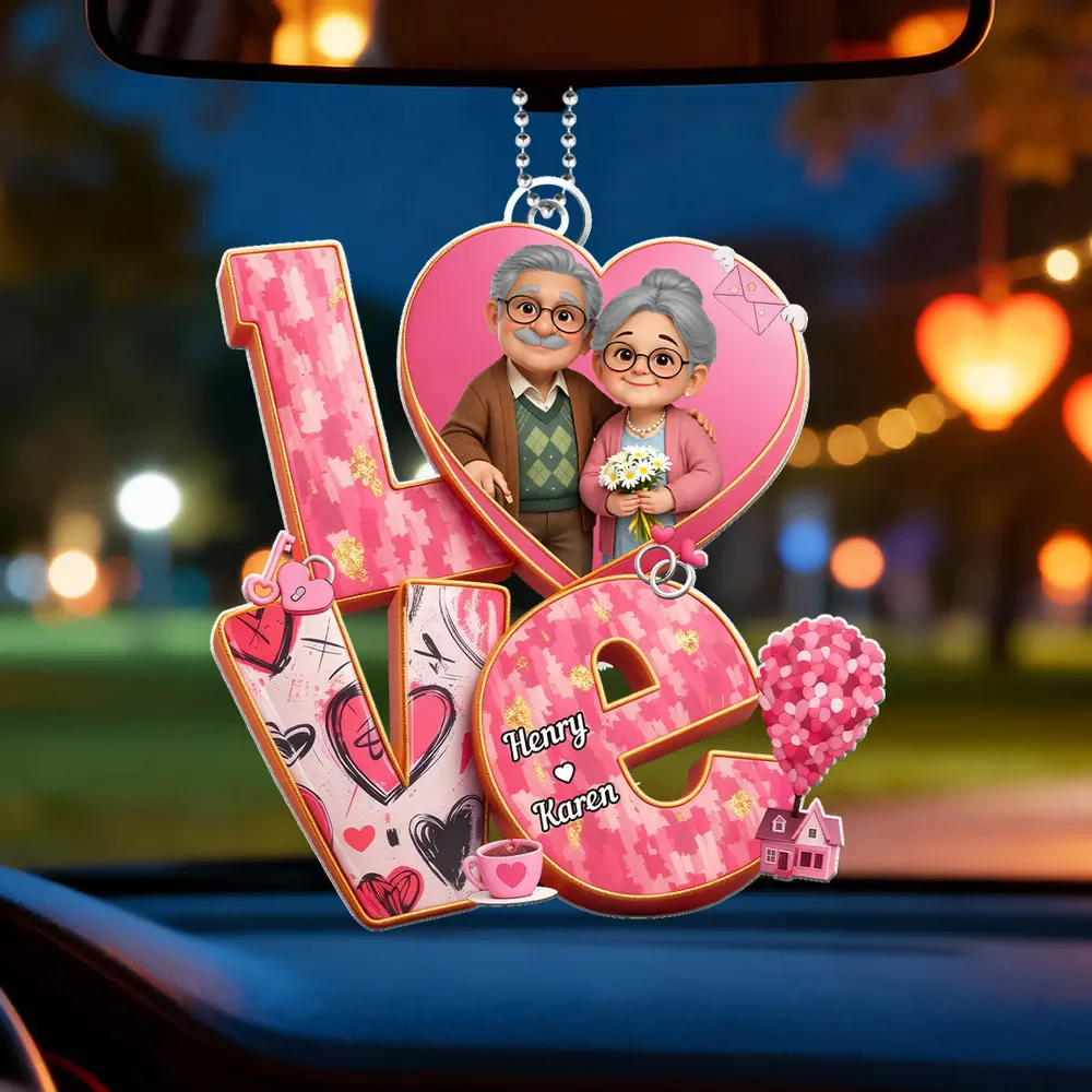 Personalized Acrylic Car Hanger, Cute Elderly Couple in Heart LOVE Design, Sweet Rearview Mirror Decor, Unique Gift for Couples - Image 8
