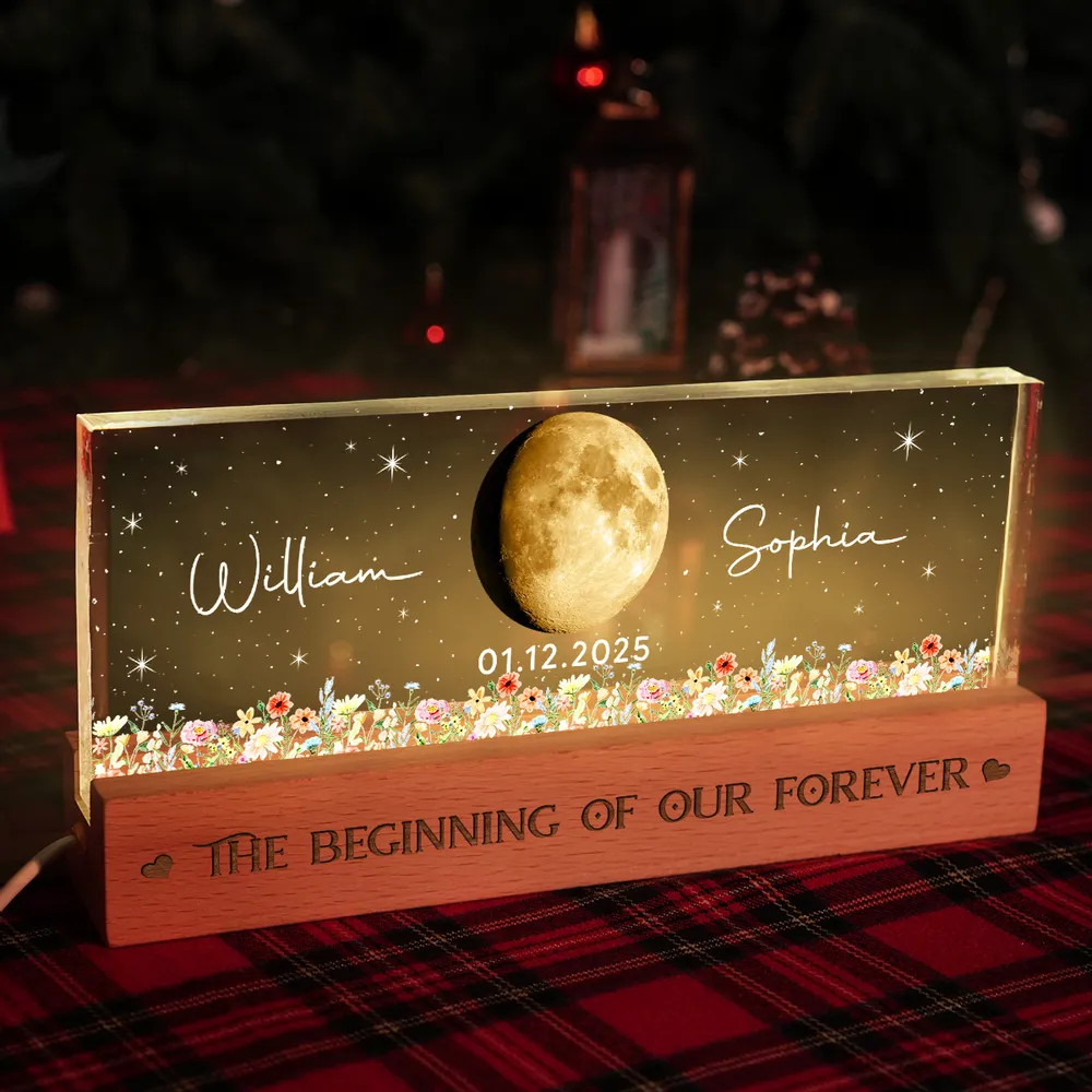 Personalized Moon Phase Block LED Light Plaque With Floral Stars, Romantic Bedside Decor, Unique Couple Gift - Image 8