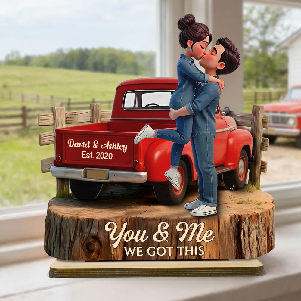 Personalized 2-Layer Wooden Plaque with Kissing Couple in Red Pickup Truck, Farmhouse Decor, Unique Gift for Couples - Image 2