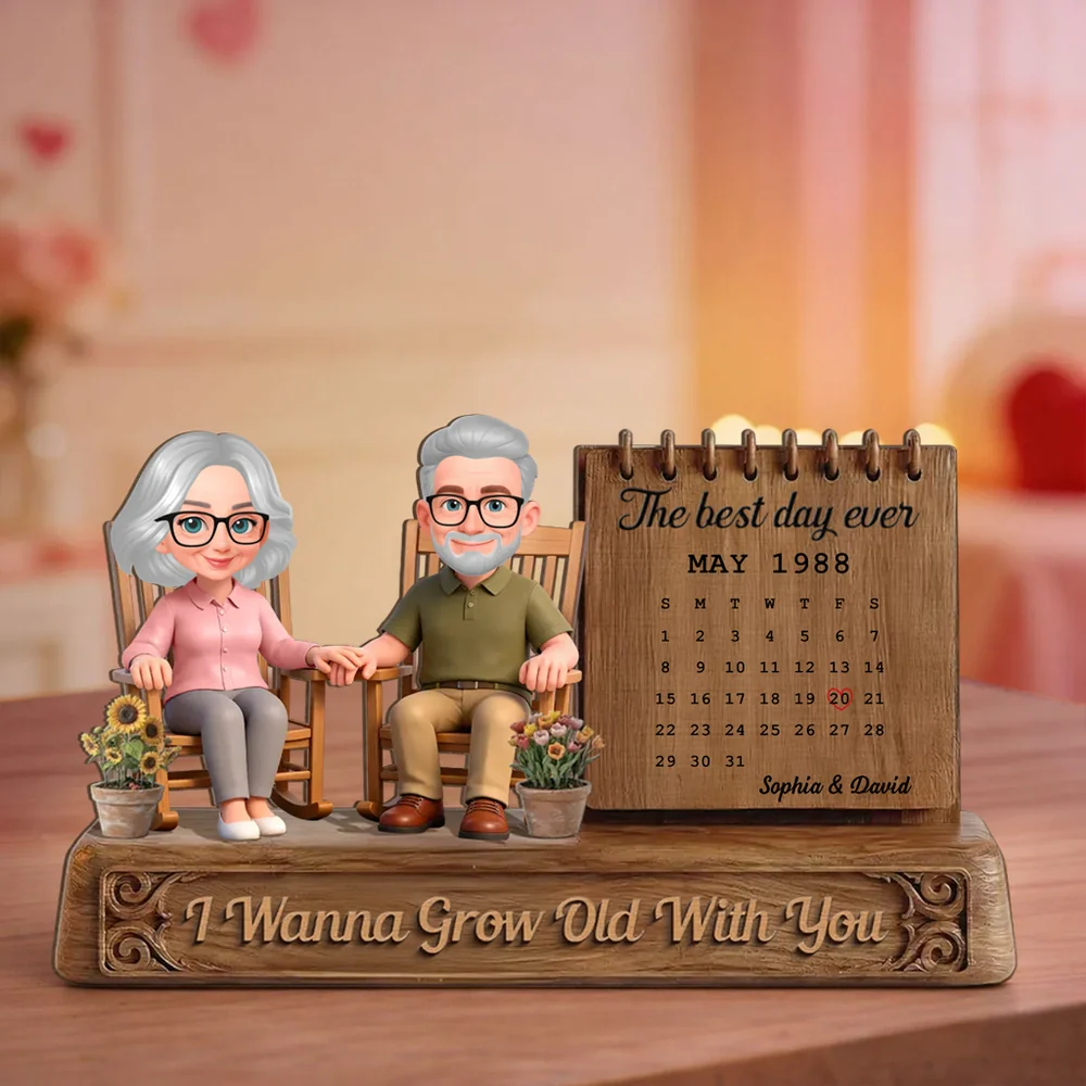 Personalized 2-Layer Wooden Plaque with Elderly Couple in Rocking Chairs and Calendar, Romantic Keepsake, Unique Gift for Wife or Husband - Image 2