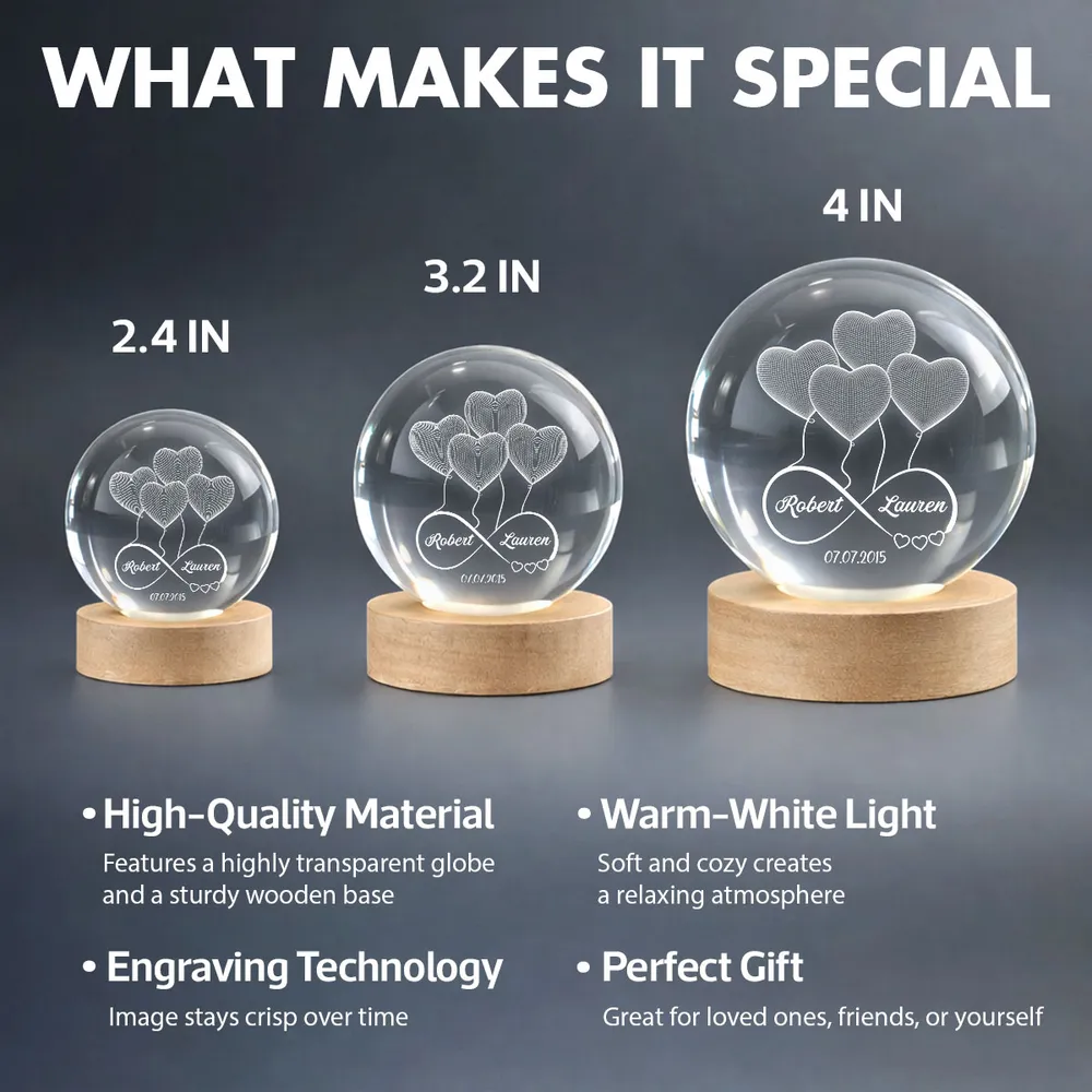 Personalized Crystal Ball LED Night Light Infinity Heart Balloon Couple Night Light, Romantic Bedroom Decor, Unique Gift for Her or Him - Image 4