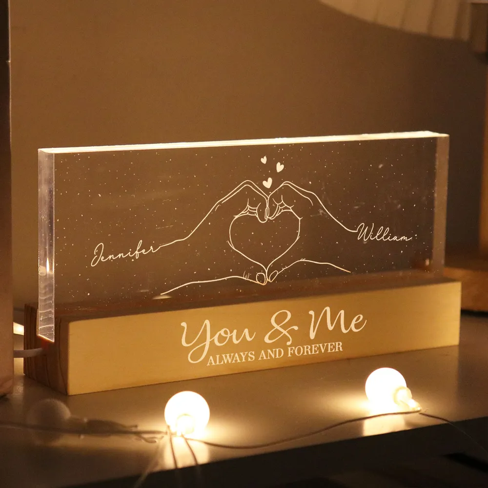 Personalized Block LED Light Plaque with Heart Hands Outline for Couple, Warm Night Light Keepsake, Unique Gift for Him or Her - Image 2