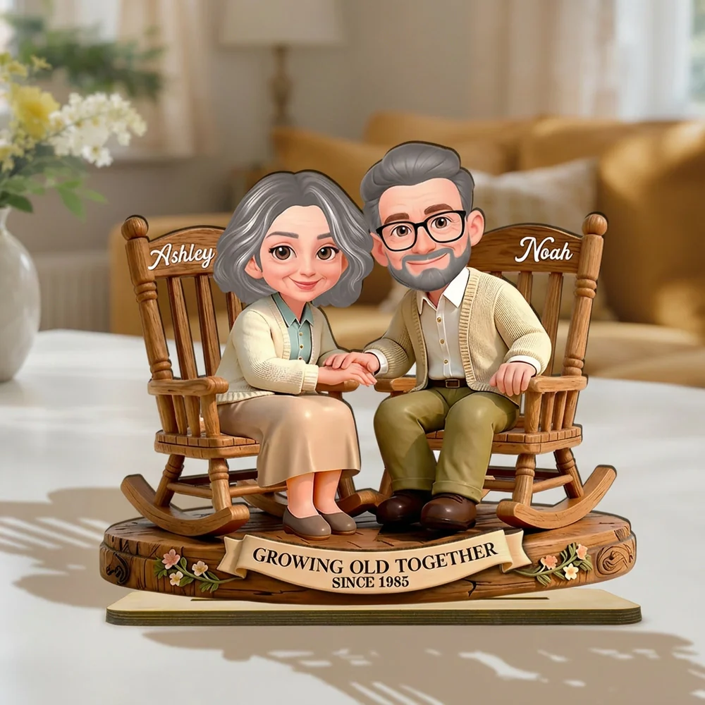 Personalized 2-Layer Wooden Plaque with Couple Holding Hands in Rocking Chairs, Sweet Keepsake Decor, Unique Gift for Wife or Husband