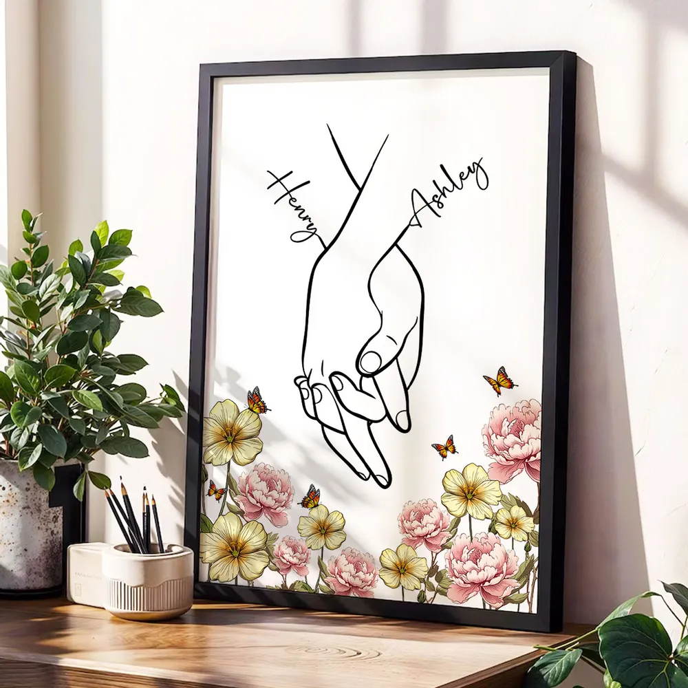 Personalized Couple Hand-Holding Line Art Poster with Floral Butterflies, Modern Minimal Wall Decor, Unique Gift for Him or Her - Image 2