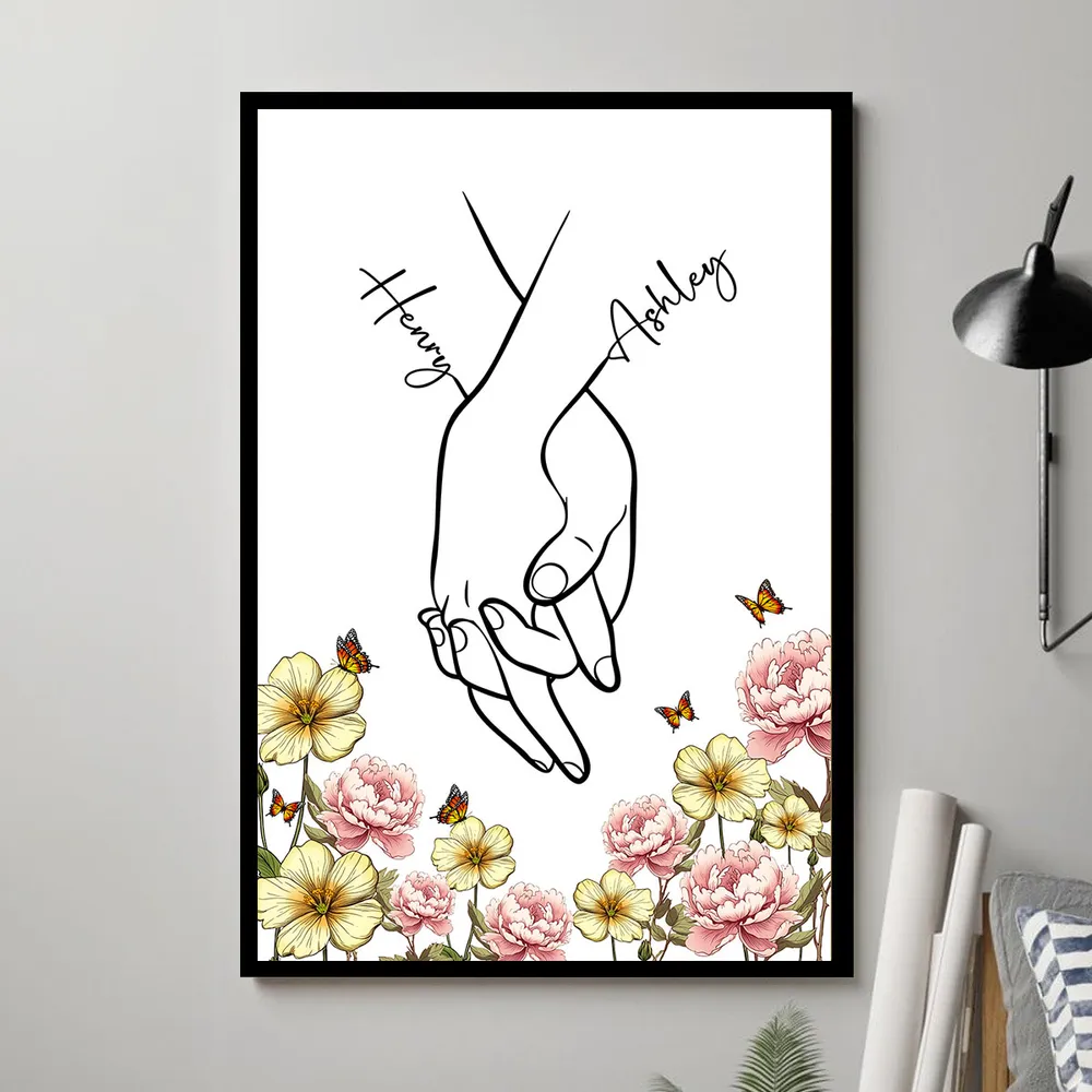 Personalized Couple Hand-Holding Line Art Poster with Floral Butterflies, Modern Minimal Wall Decor, Unique Gift for Him or Her - Image 3