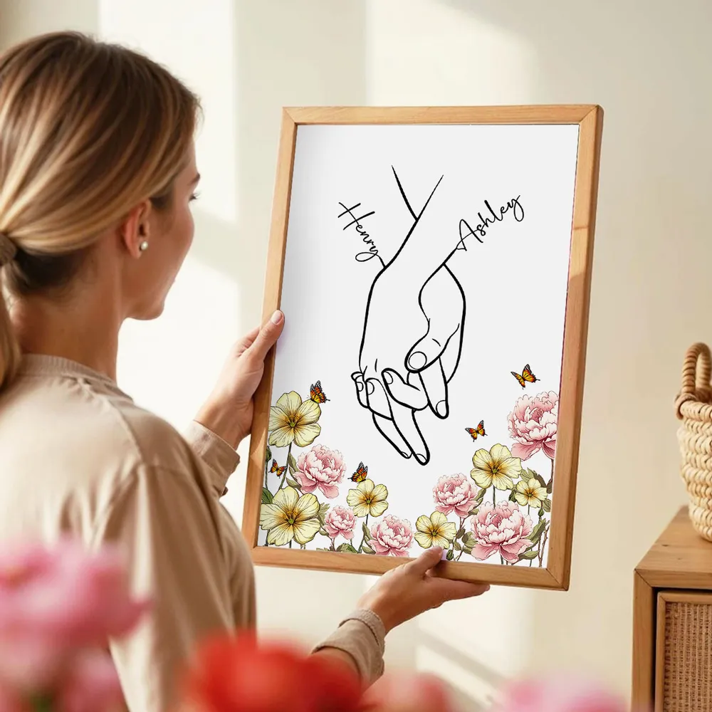 Personalized Couple Hand-Holding Line Art Poster with Floral Butterflies, Modern Minimal Wall Decor, Unique Gift for Him or Her - Image 5