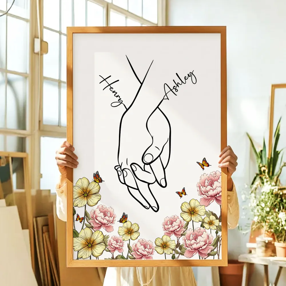 Personalized Couple Hand-Holding Line Art Poster with Floral Butterflies, Modern Minimal Wall Decor, Unique Gift for Him or Her - Image 8
