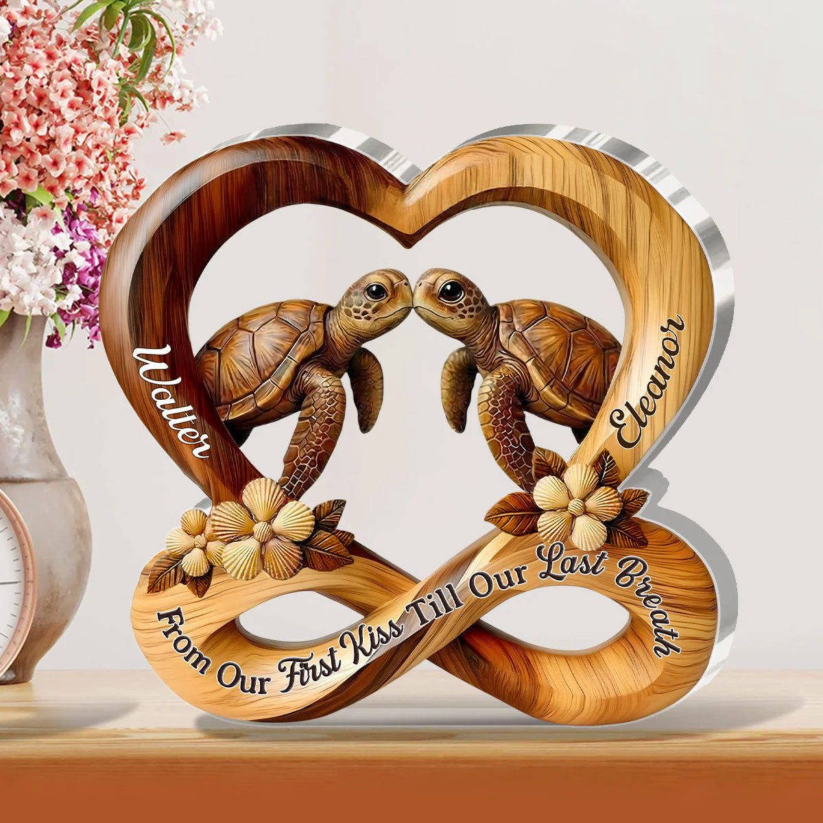 Personalized Shaped Acrylic Block Plaque Turtle Kiss in Heart Infinity Design - Unique Romantic Gift for Couples - Image 3