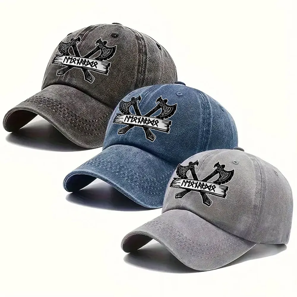 Washed Denim Baseball Cap with Crossed Viking Axes Rune Style, Personalized One of a Kind Everyday Sun Cap, Cool Gift - Image 3