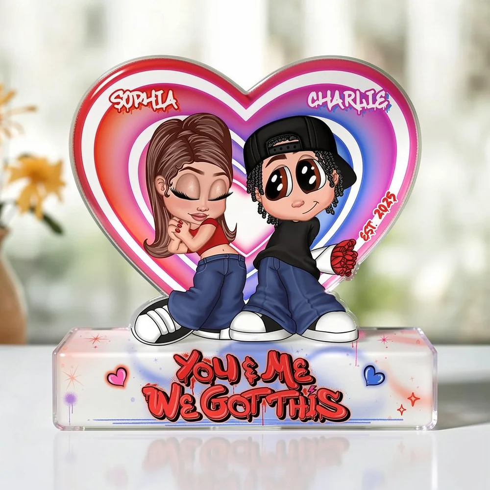 Personalized Shaped Acrylic Block Plaque Y2K Cartoon Couple With Roses, You & Me We Got This, Unique Gift for Boyfriend or Girlfriend