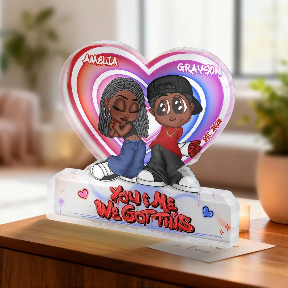 Personalized Shaped Acrylic Block Plaque Y2K Cartoon Couple With Roses, You & Me We Got This, Unique Gift for Boyfriend or Girlfriend - Image 3