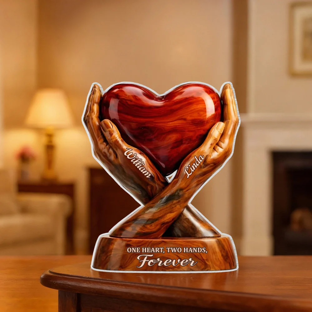 Shaped Acrylic Block Plaque with Heart Held by Two Hands, 'One Heart, Two Hands, Forever' Love Memory, Thoughtful Gift