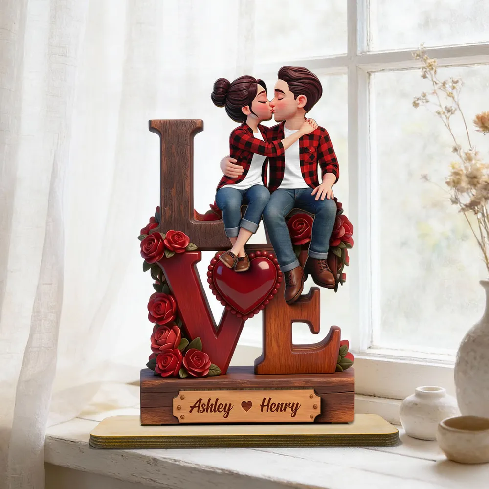 2-Layer Wooden Plaque with Kissing Couple on LOVE and Red Roses - Personalized Keepsake for Anniversary or Valentine's Gift - Image 2