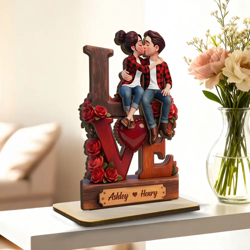 2-Layer Wooden Plaque with Kissing Couple on LOVE and Red Roses - Personalized Keepsake for Anniversary or Valentine's Gift - Image 3