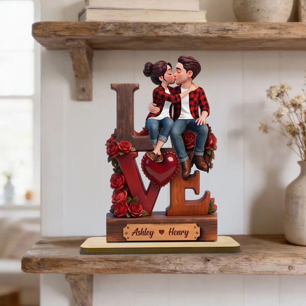 2-Layer Wooden Plaque with Kissing Couple on LOVE and Red Roses - Personalized Keepsake for Anniversary or Valentine's Gift - Image 6