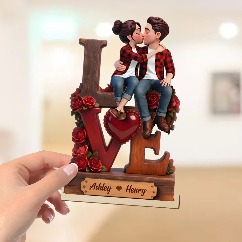 2-Layer Wooden Plaque with Kissing Couple on LOVE and Red Roses - Personalized Keepsake for Anniversary or Valentine's Gift - Image 8