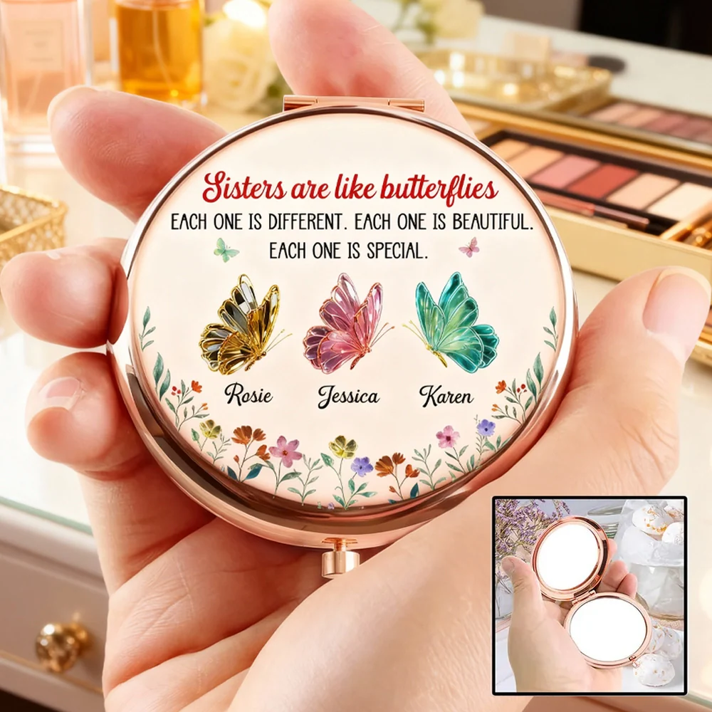Personalized Metal Compact Mirror Sisters Are Like Butterflies Floral Butterfly Design Unique Gift for Sister