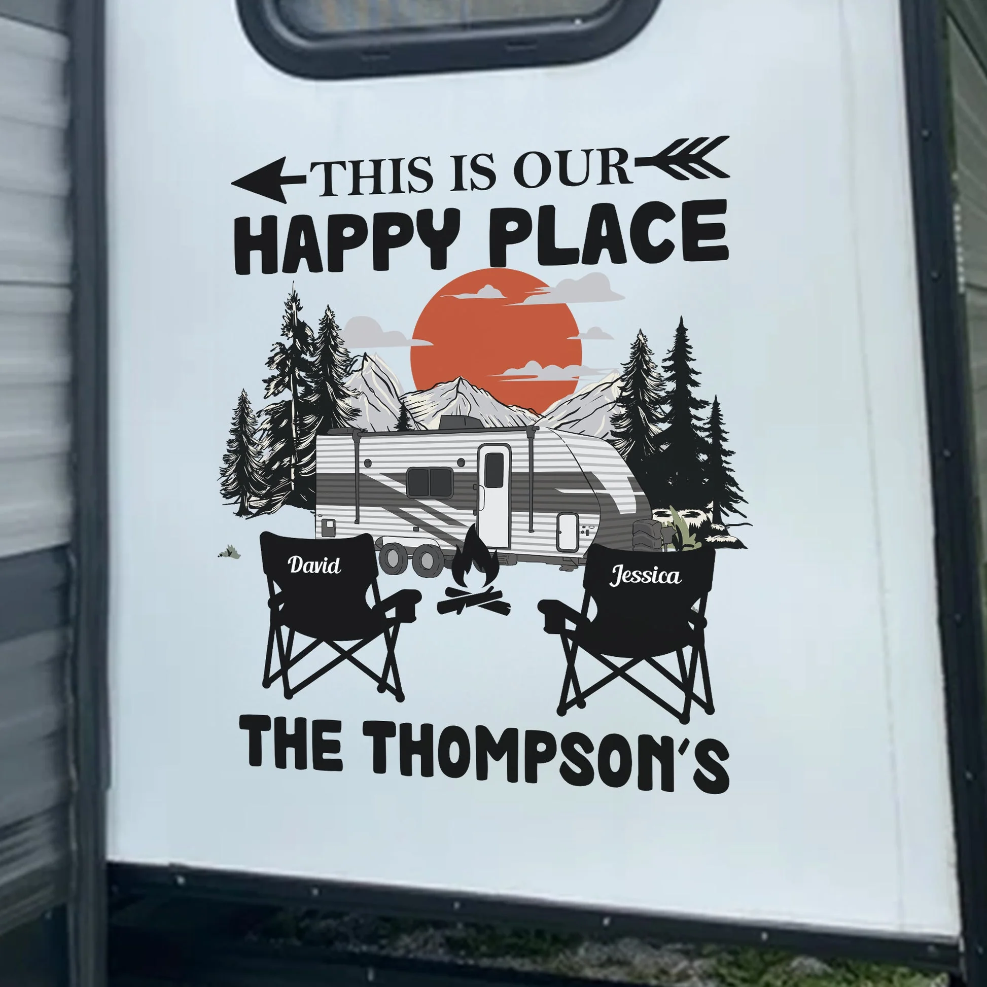Personalized Happy Place RV Camping Sticker Decal With Custom Family Name, Mountain Sunset Scene, Unique Gift - Image 3