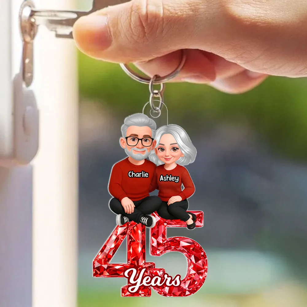 Personalized Anniversary Acrylic Keychain With Couple Illustration Red Gem Look A Unique Gift For Husband Or Wife - Image 5