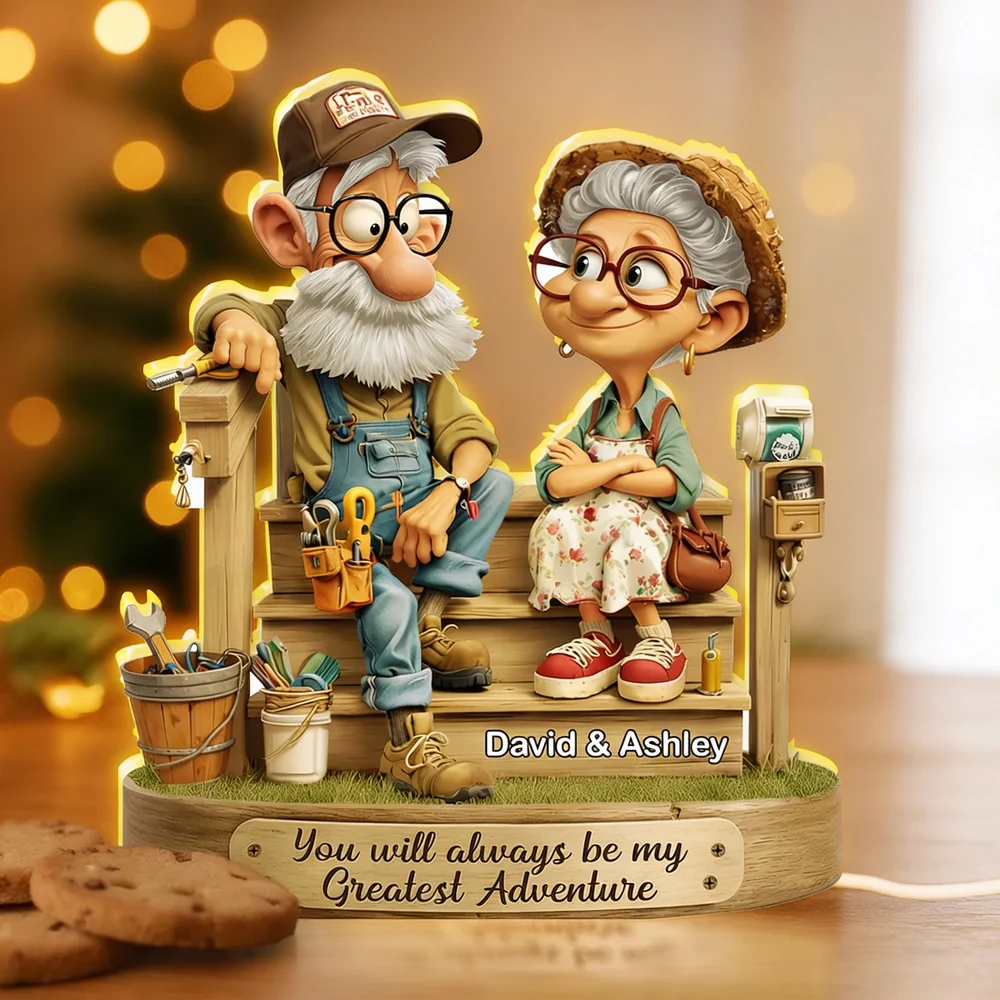 Personalized Acrylic Light Box with Elderly Couple on Porch, Warm Glow Keepsake, Unique Gift for Husband or Wife