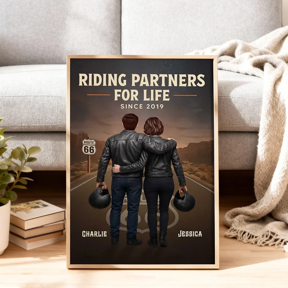 Personalized Biker Couple Poster, Riding Partners for Life Road Scene Wall Art, Unique Gift for Him & Her
