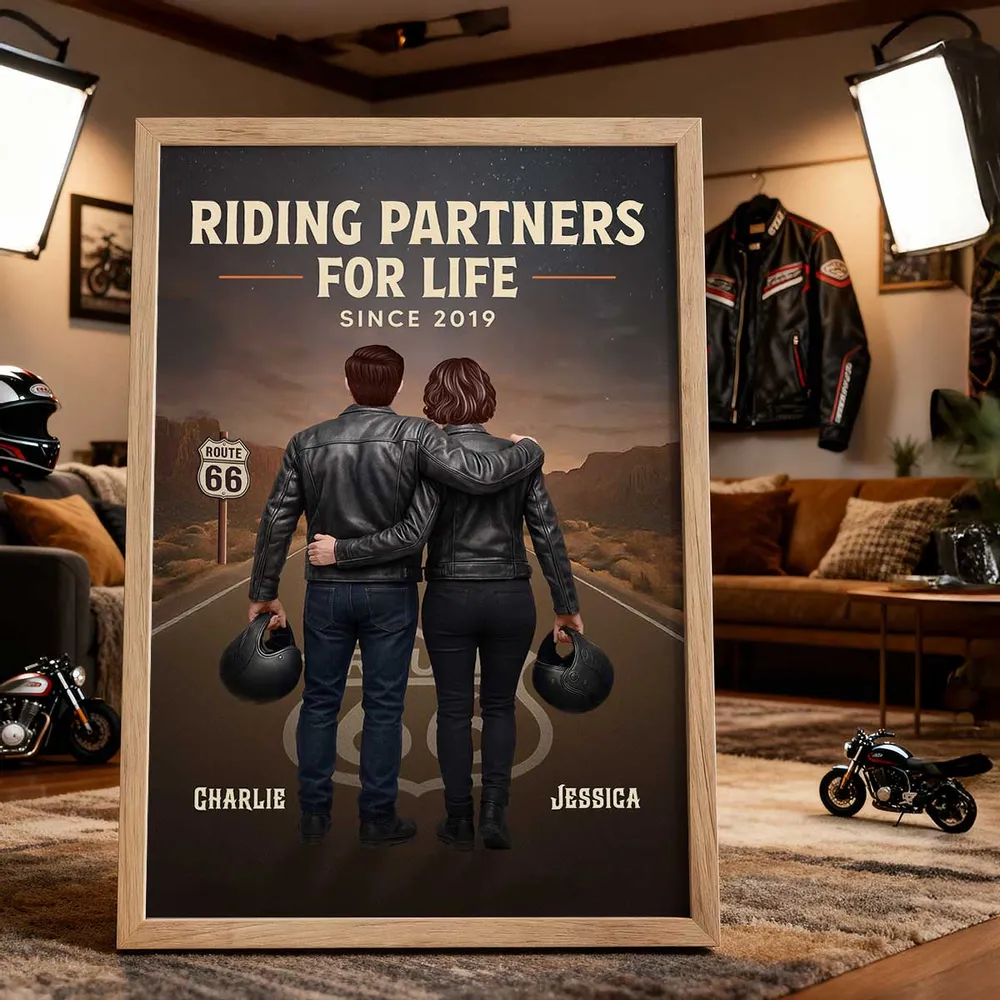 Personalized Biker Couple Poster, Riding Partners for Life Road Scene Wall Art, Unique Gift for Him & Her - Image 2