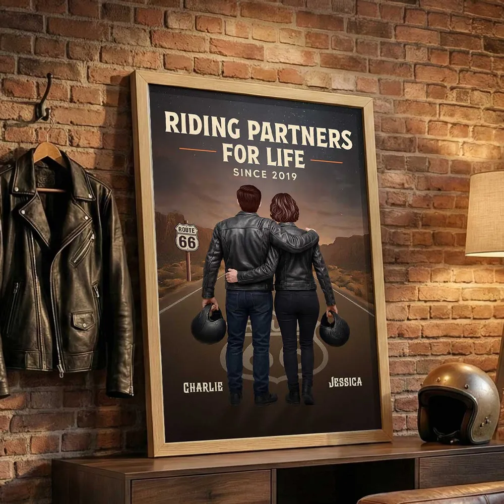 Personalized Biker Couple Poster, Riding Partners for Life Road Scene Wall Art, Unique Gift for Him & Her - Image 3