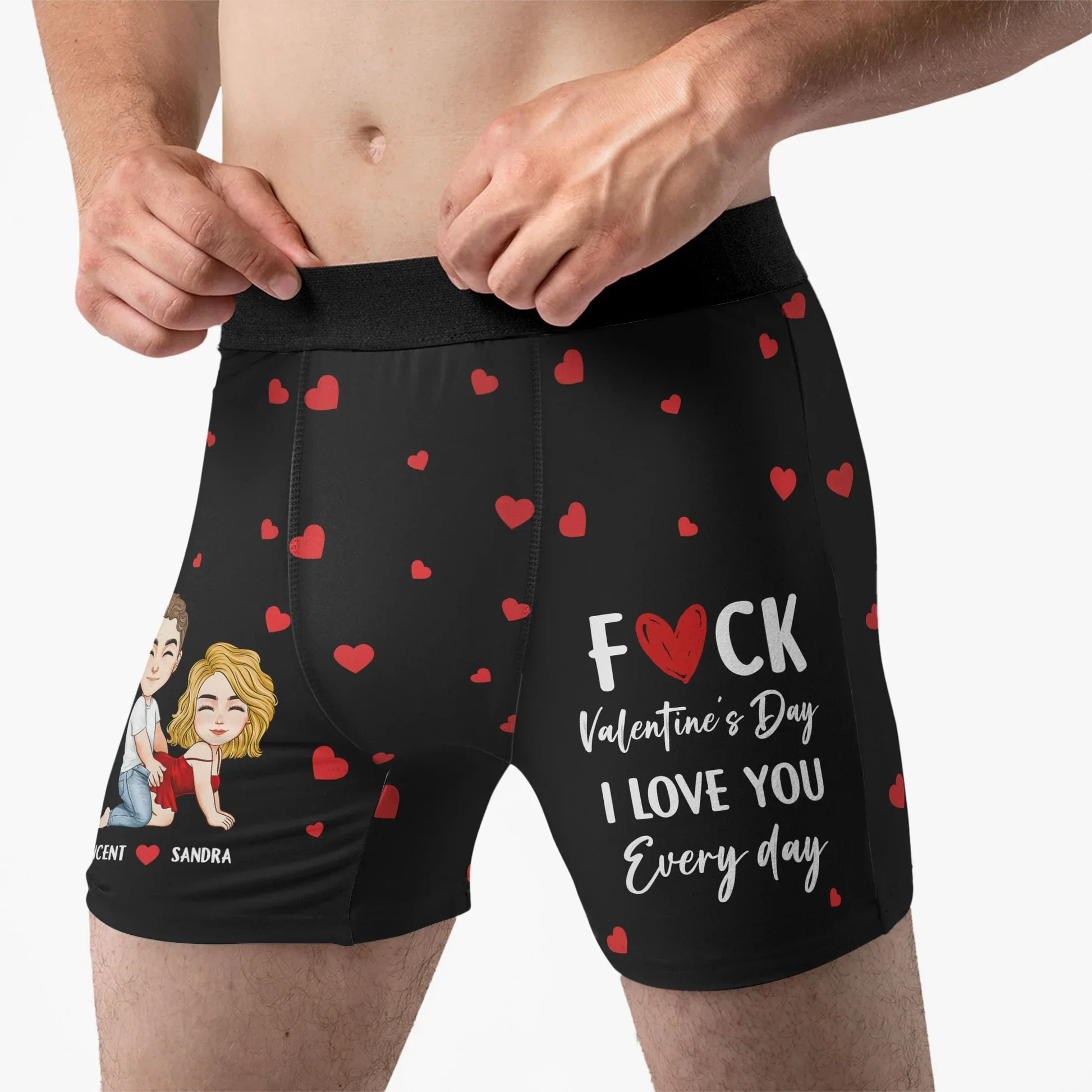 Personalized Men's Boxer Briefs with Cute Cartoon Couple & Hearts, Funny Romantic Gift for Boyfriend or Husband - Image 2