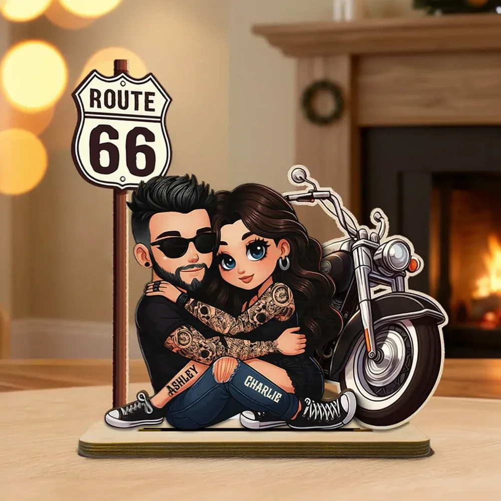 Personalized 2-Layer Wooden Plaque Biker Couple Hugging by Route 66 Motorcycle - Unique Gift For Couples