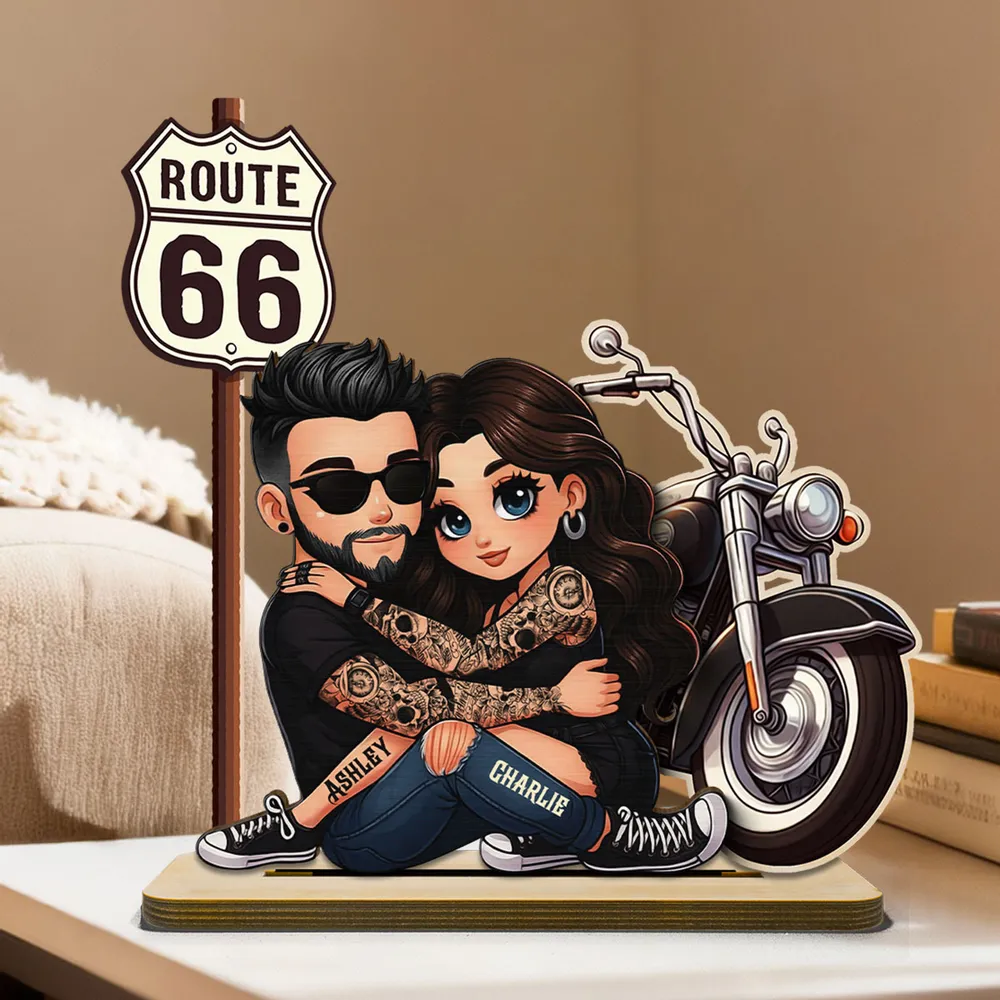 Personalized 2-Layer Wooden Plaque Biker Couple Hugging by Route 66 Motorcycle - Unique Gift For Couples - Image 2