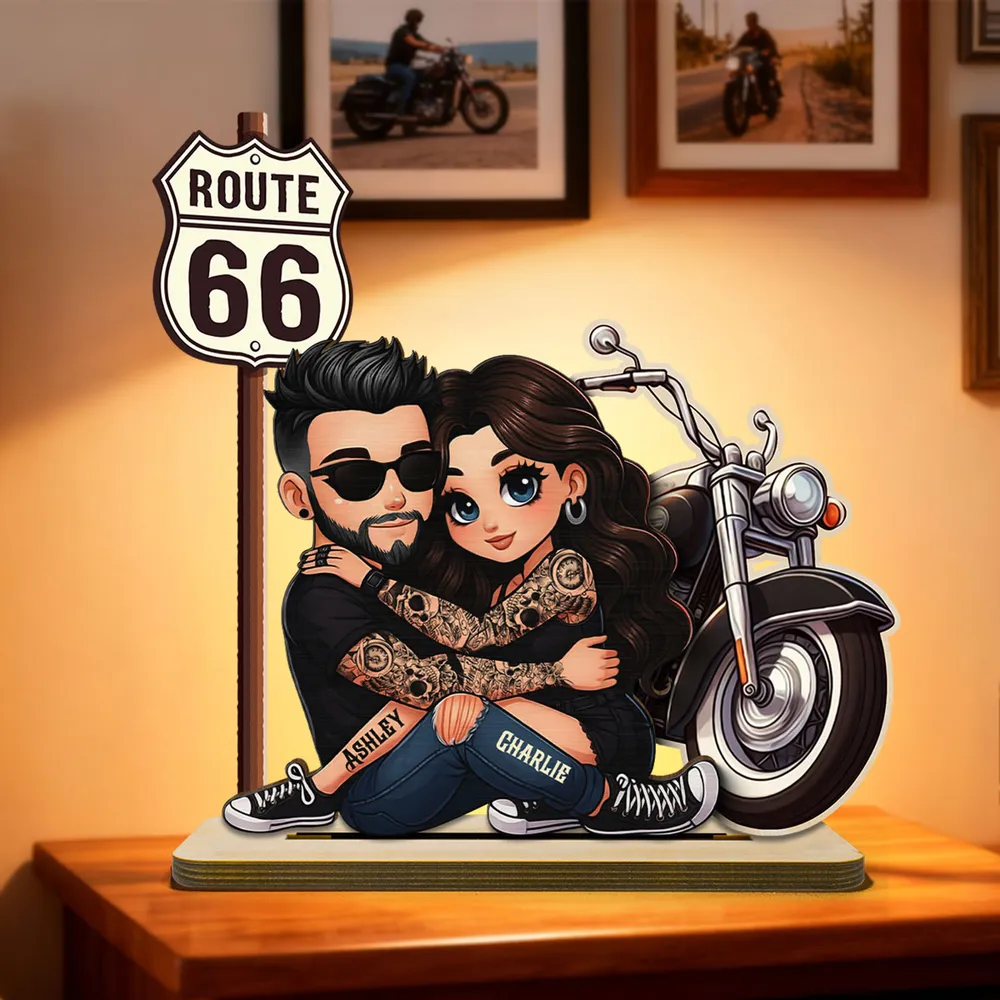Personalized 2-Layer Wooden Plaque Biker Couple Hugging by Route 66 Motorcycle - Unique Gift For Couples - Image 3