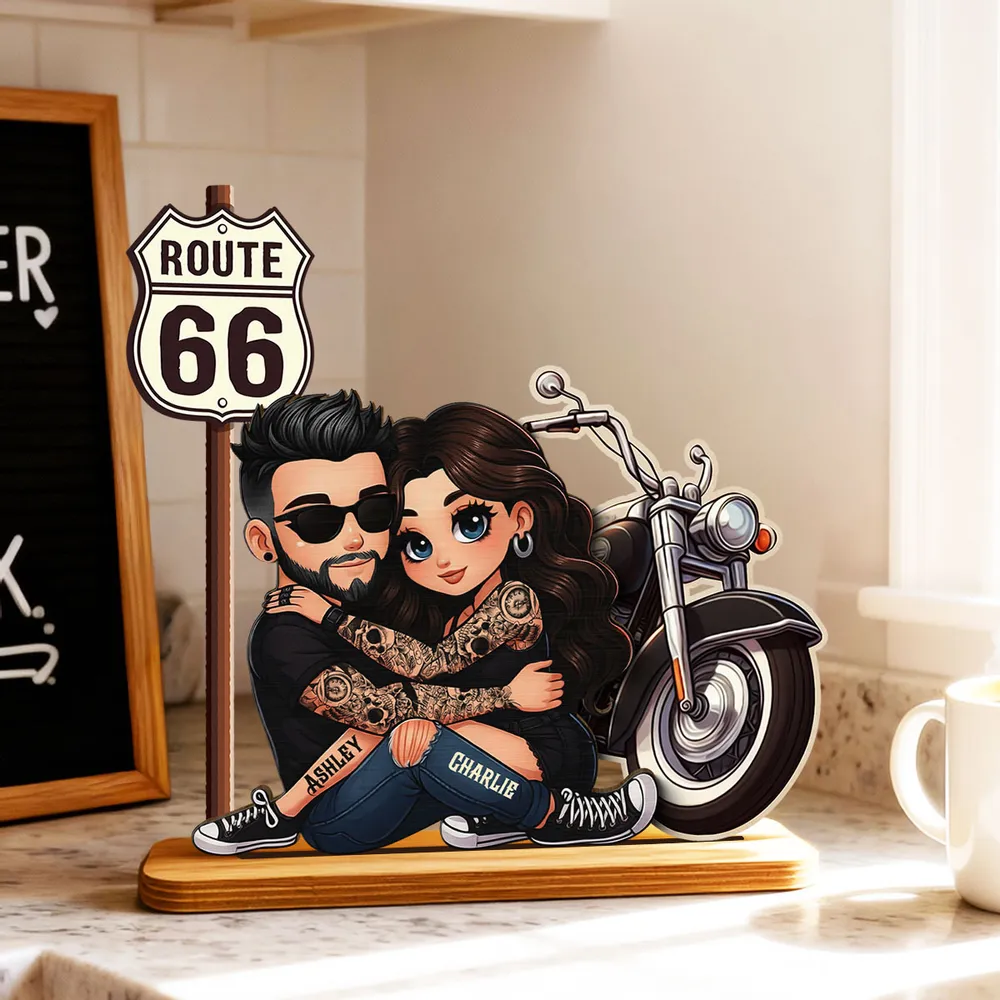 Personalized 2-Layer Wooden Plaque Biker Couple Hugging by Route 66 Motorcycle - Unique Gift For Couples - Image 6