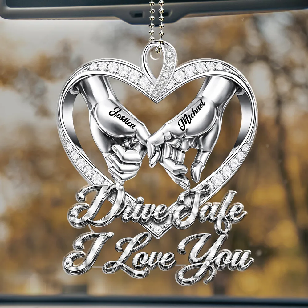 Personalized Acrylic Car Hanger Drive Safe I Love You Heart Hands Car Mirror Decor - Unique Gift for Couple - Image 6