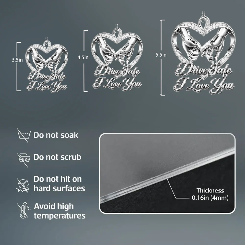 Personalized Acrylic Car Hanger Drive Safe I Love You Heart Hands Car Mirror Decor - Unique Gift for Couple - Image 7