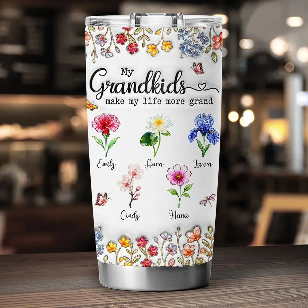 Personalized Insulated Travel Tumbler with Grandkids Floral Design, Sweet Grandma Gift for Coffee Runs and Hydration On the Go - Image 2