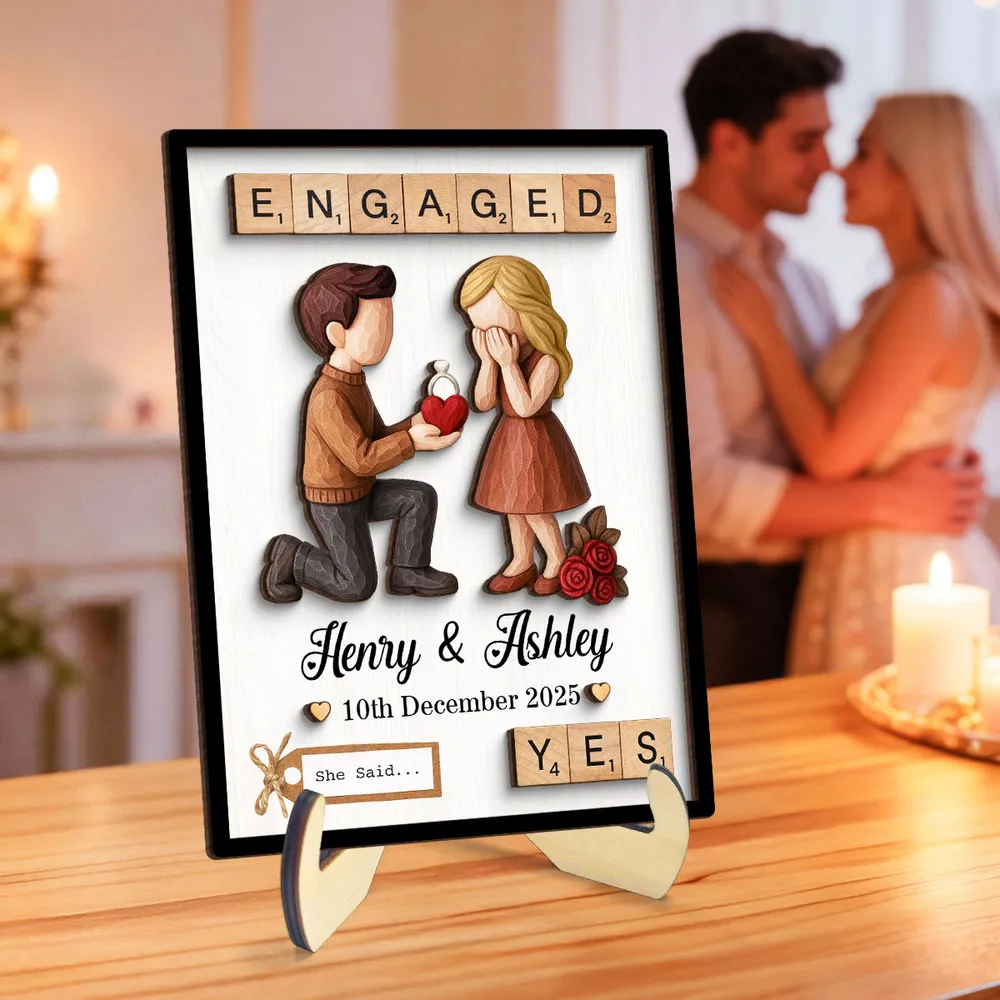 2-Layer Wooden Plaque with Engaged Couple Proposal Scene and 'She Said... Yes' - Personalized Keepsake Gift for Couples - Image 2