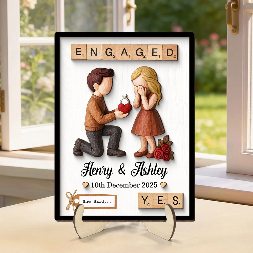 2-Layer Wooden Plaque with Engaged Couple Proposal Scene and 'She Said... Yes' - Personalized Keepsake Gift for Couples - Image 3