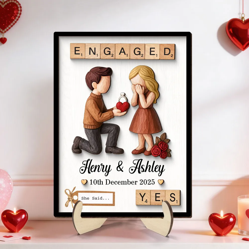 2-Layer Wooden Plaque with Engaged Couple Proposal Scene and 'She Said... Yes' - Personalized Keepsake Gift for Couples - Image 4