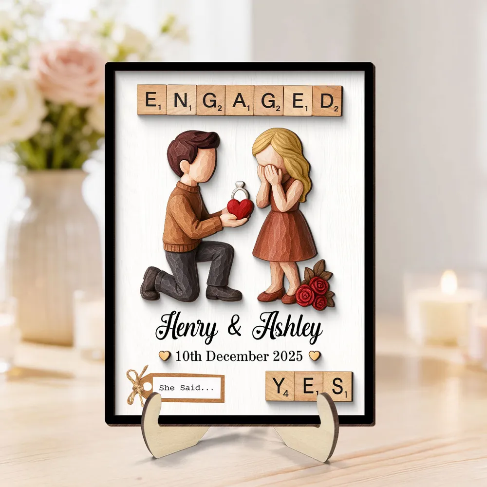2-Layer Wooden Plaque with Engaged Couple Proposal Scene and 'She Said... Yes' - Personalized Keepsake Gift for Couples - Image 5
