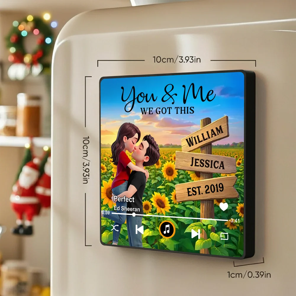 Personalized Acrylic Music Magnet Couple Kissing in Sunflower Field for Fridge Decor, Unique Romantic Gift for Partner - Image 2