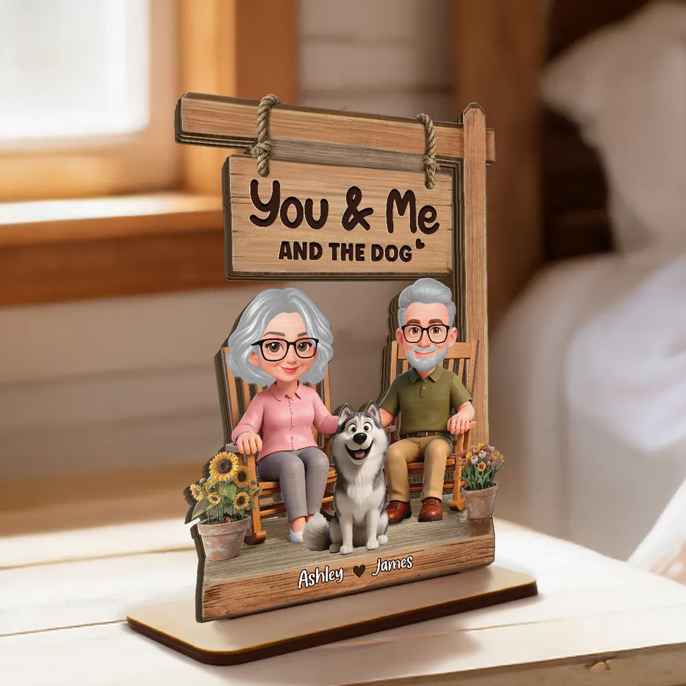 You & Me and the Dog 2-Layer Wooden Plaque, Personalized Sweet Cartoon Keepsake for Couple and Dog Lover Gift - Image 2