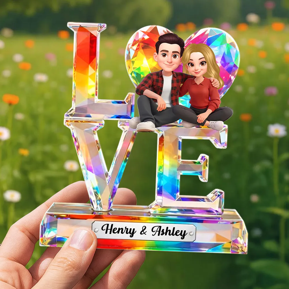 Personalized Shaped Acrylic Block Plaque LOVE with Heart & Cute Couple Sitting - Unique Valentine's Gift for Him or Her - Image 6